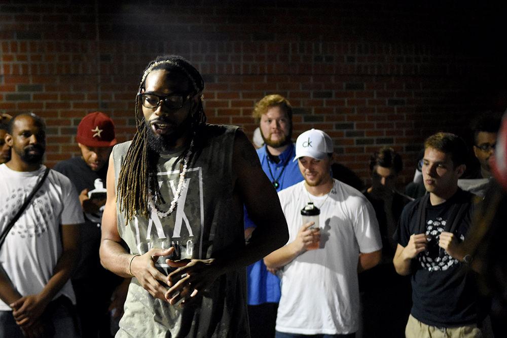 Duece Deleo surprises the crowd as he enters the circle with a song. The 7th Annual Cypher on Monday, Aug. 28 was the first of many rap battles at the Free Expression Tunnel.