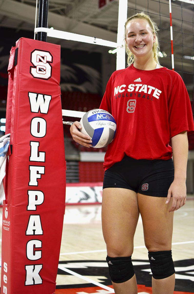 Senior Julia Brown is the outside hitter for the NC State women&#8217;s volleyball team. Here she stands in Reynolds Coliseum on Tuesday.&#160;
