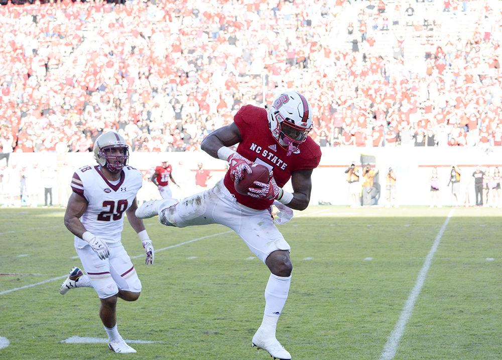 Sophomore running back Nyheim Hines receives a pass during the homecoming game in Carter-Finley Stadium on Oct. 29, 2016. Hines received for 62 yards and rushed for 3 yards. Boston College beat the Wolfpack, 21-14.