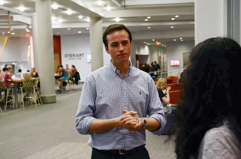 Third-year John Taylor Willis speaks with Gargi Damle, a Technician reporter, after it was announced that he won the position of student body treasurer at the Student Government election announcement in Talley Student Union on Feb. 28. John Taylor Willis served previously as a senator for the Poole College of Management. He is currently studying business administration and international studies.