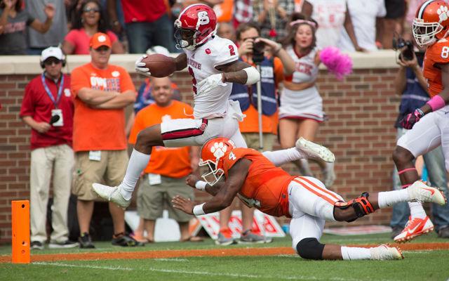 Junior cornerback Mike Stevens leaps into the endzone after 28 yards for an interception return for a touchdown. Stevens had four tackles on the day and the lone touchdown against No. 3 Clemson but fell 24-17 on Oct. 15, 2016 at Death Valley in Clemson, SC.