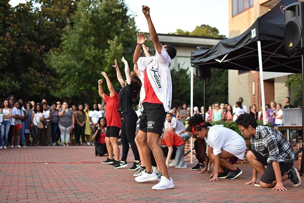 Members of Fusion Dance Group, a multi-cultural hip-hop dance crew, preform for the 2017 Back to School Jam and Wednesday, Aug. 16. The event was hosted by Union Activities Board's Black Students Boards.