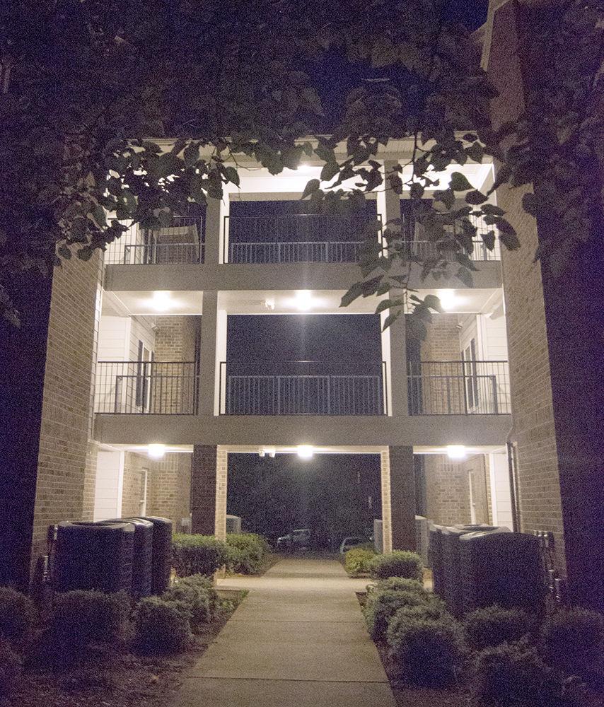 Breezeways at Vie at Raleigh lead to apartments that house NC State students.
