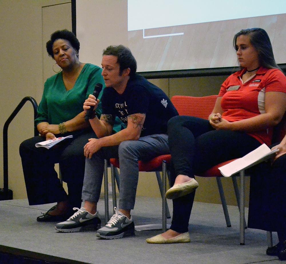 Drew Sykes, Lead Social Media Specialist at NC State, talks about his experience being counseled during the Mental Health Town Hall at Talley Student Union on Thursday, August 31, 2017. After losing a close friend three years ago, Sykes needed the urging of several friends to finally go to counseling.