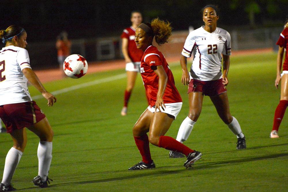 Junior forward Maxine Blackwood pursues the ball against Boston College. Blackwood had one shot during her 34 minutes of time on the field. The Wolfpack won the game at Dail Sadium with a 1-0 score on Thursday.