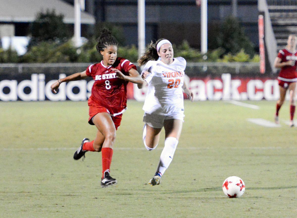 Sophomore forward Kia Rankin sprints to steal the ball. The NC State women's soccer team tied Virginia 0-0 in double overtime at Dail Soccer Stadium on Friday, Sep. 15.