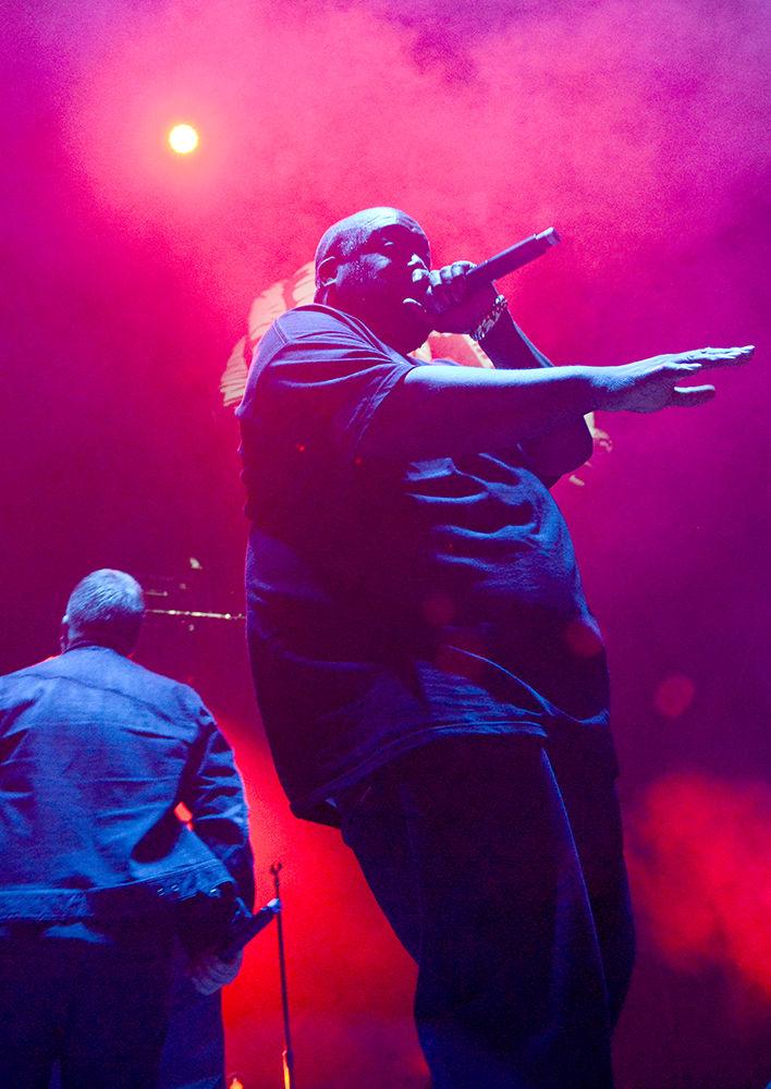Run the Jewels member LP steps to the back of the stage as cohort Killer Mike raps front and center. The concert was a part of the Hopscotch music festival and took place at Red Hat Ampitheater on Sep. 9. The entire festival took place on Sep. 8-10 in downtown Raleigh.