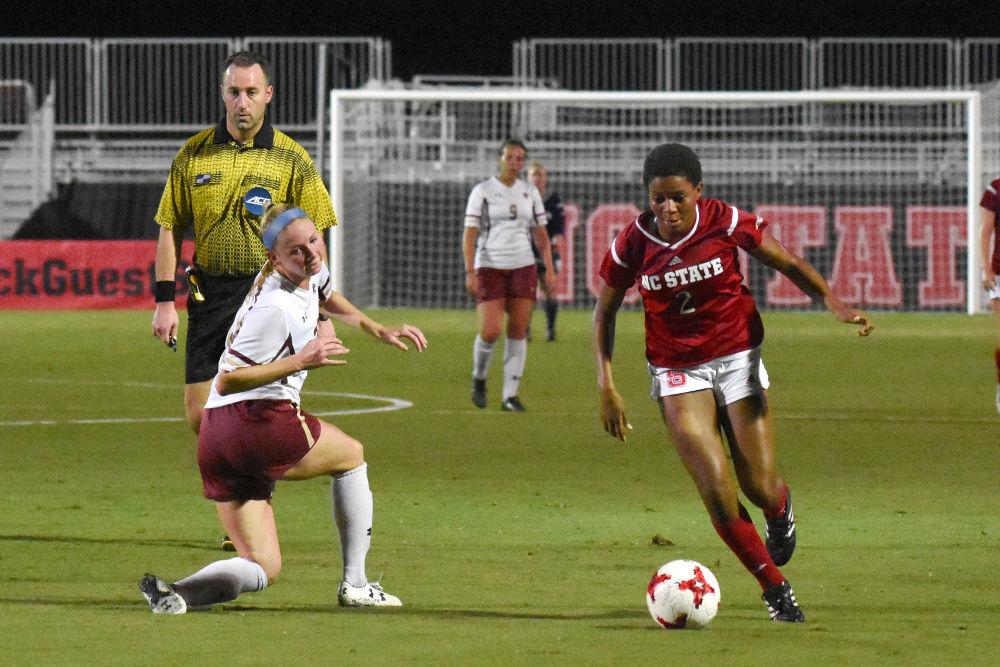Sophmore midfielder Tziarra King loses her defender during the game against Boston College. King would go on to score the winning goal in the game in the 90th minute in Dail Soccer Stadium. The Wolfpack won 1-0 on Thursday.