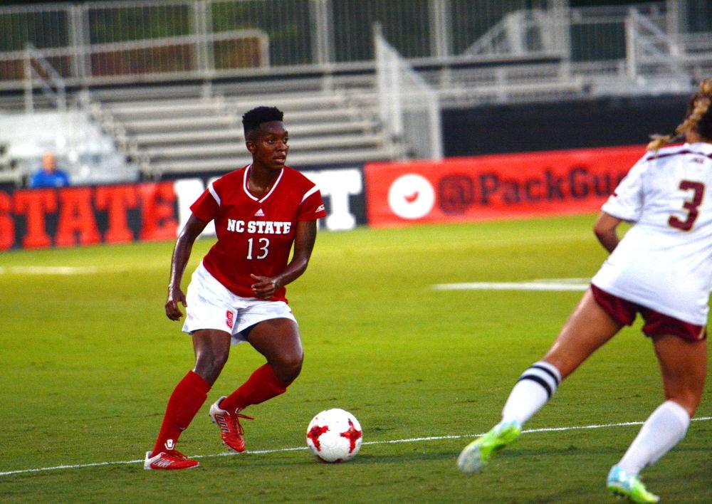 Junior defender Ella Bonner makes a move up field. The Wolfpack won the game with a score of 1-0 in Dail Soccer Stadium on Thursday.