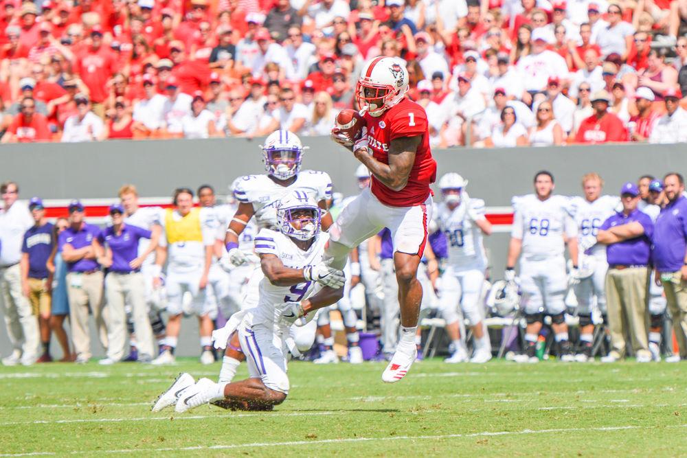 Senior H-back Jaylen Samuels catches a 17 yard pass from Quarterback Ryan Finley. Samuels had 75 yards through the air and 16 on the ground. The NC State Football team beat Furman 49-16 on Saturday, September 16th.