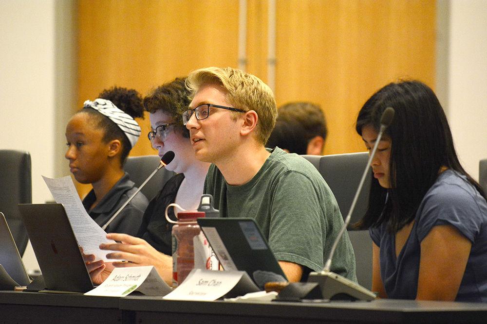 Student Senate President Pro Tempore Adam Schmidt, a second-year student studying engineering, elaborates on the resolution calling for the impeachment of Student Body Treasurer John Taylor Willis on Tuesday, Sept. 5.