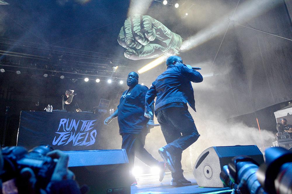 Run the Jewels members Killer Mike and LP cross places on stage while preforming. The concert was a part of the Hopscotch music festival and took place at Red Hat Amphitheater on Saturday, Sept. 9. The entire festival took place on Sep. 8-10 in downtown Raleigh.