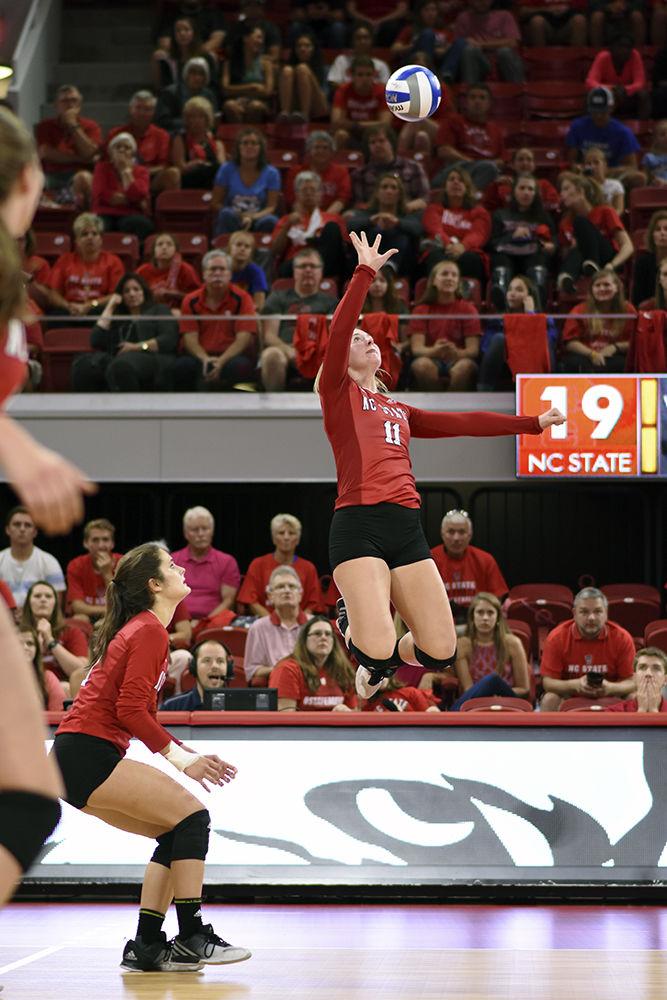 Junior outside hitter Julia Brown leaps for a ball in the Wolfpack's 3-2 loss against UNC-Chapel Hill on Sept. 22, 2016. Brown led the team with 17 kills and grabbed 21 digs in the loss at Reynolds Coliseum.