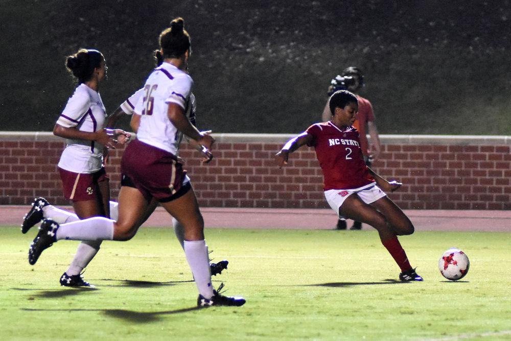 Sophmore midfielder Tziarra King winds up for a shot against Boston College during the home game in Dail Soccer Stadium. The Wolfpack won 1-0 on Thursday.