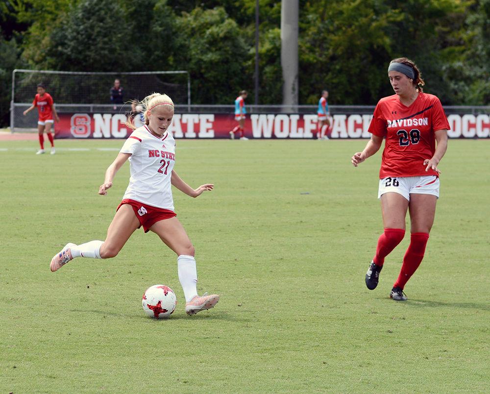 Sophomore midfielder Paige Griffiths passes the ball. The NC State women's soccer team beat Davidson 4-0 at Dail Soccer Stadium on Sunday, Sept. 10.