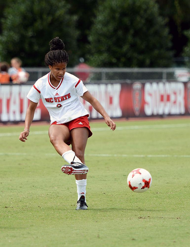 Sophomore forward Kia Rankin passes toward center. The NC State women's soccer team beat Davidson 4-0 at Dail Soccer Stadium on Sunday, Sept. 10.