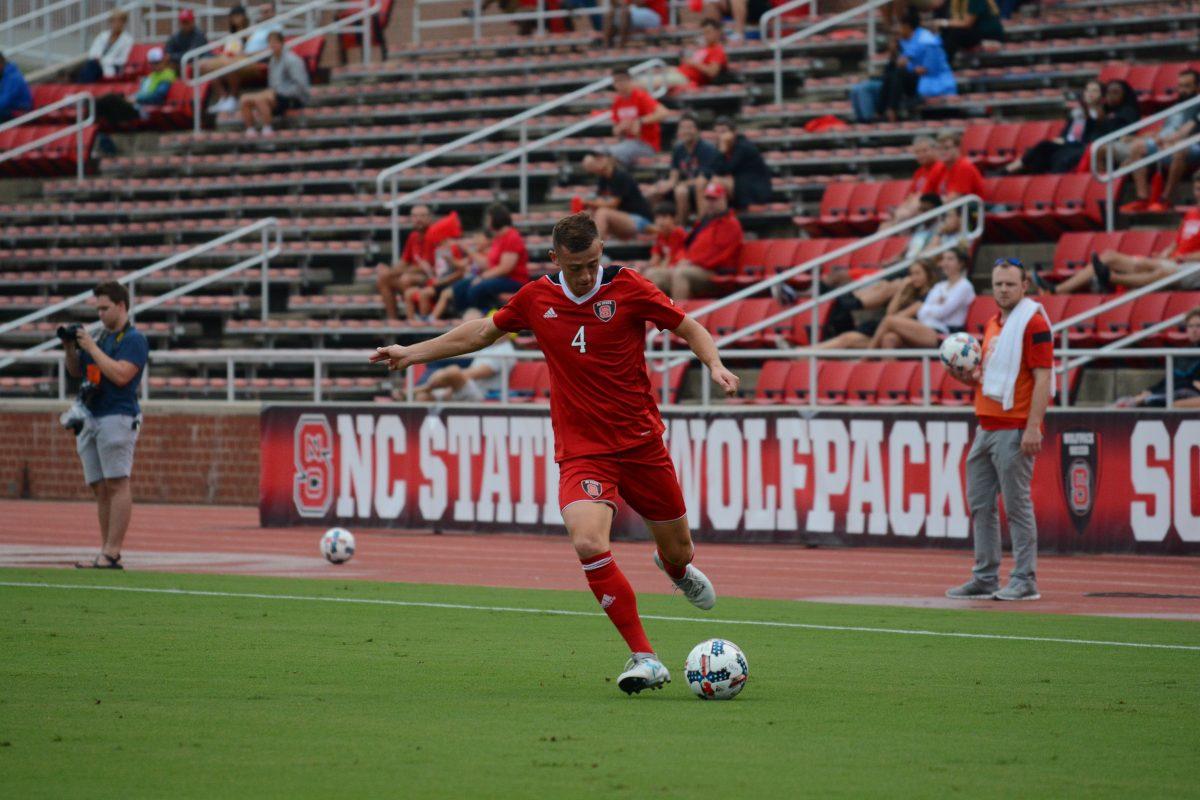 Freshman defender David Norris focuses on transitioning the ball back to offense. At the time this photo was taken the NC State men's soccer team was winning 1-0 against LIU Brooklyn at Dail Soccer Stadium on Friday, Sep. 1 until the game was suspended due to inclement weather.