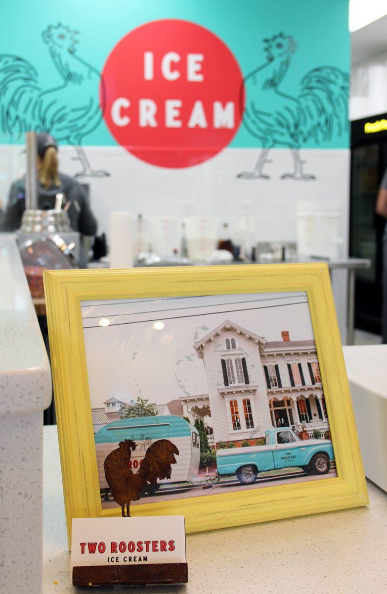 A frame of the Two Roosters Ice Cream food truck sits on the counter of the Two Roosters Ice Cream shop in Raleigh on Sept. 12. Jared Plummer, owner and NC State alumnus, opened the physical store in July. The store offers a variety of ice cream flavors and Two Roosters merchandise.&#160;