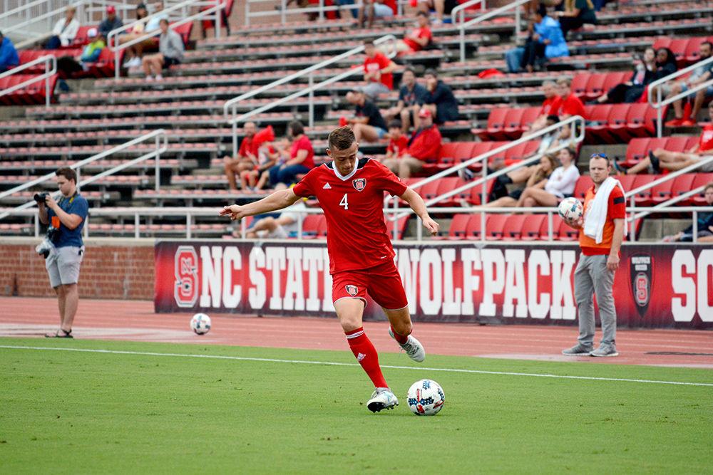 Freshman defender David Norris focuses on transitioning the ball back to offense. At the time this photo was taken, the NC State men's soccer team was winning 1-0 against LIU Brooklyn at Dail Soccer Stadium Friday until the game was suspended due to inclement weather.