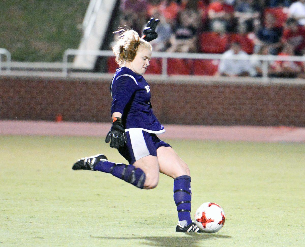 Junior goal keeper Sydney Wooten kicks the ball from the goalie box. The NC State women's soccer team tied Virginia 0-0 in double overtime at Dail Soccer Stadium on Friday, Sep. 15.