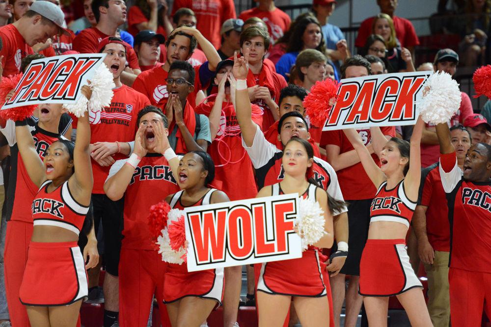 The Cheerleaders lead the Wolfpack chant. The Wolfpack took down rival UNC, 3-2, in Reynolds Colesium on Friday, Sept. 22.