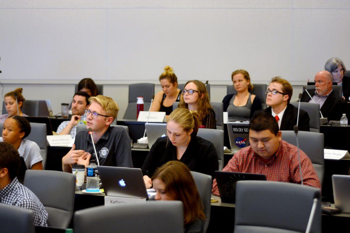 Adam Schmidt, a second-year studying civil engineering, poses a question for the student Senate. The senate gathered on Wednesday, Sept. 27 to discuss changes in student fees for the 2018-2019 school year.