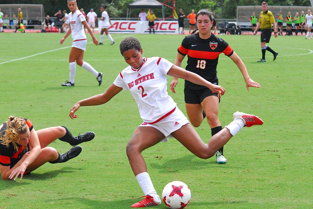 Sophomore midfielder Tziarra King kicks the ball downfield in Dail Soccer Stadium on Saturday, Sept. 2. The Wolfpack lost 0-2 to the visitors from Princeton University after a postponement of the game the previous day due to inclement weather.