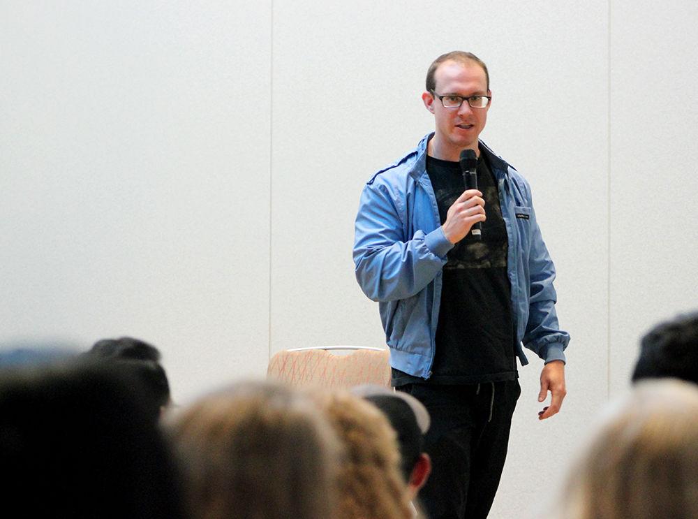 Ryan Higgins, a comedian, tells a joke at a Nourish NCSU comedy show in Talley Student Union Thursday. This comedy show is in a series of three hosted by Nourish NCSU this semester. Their goal is to raise money to help combat extreme global poverty.&#160;