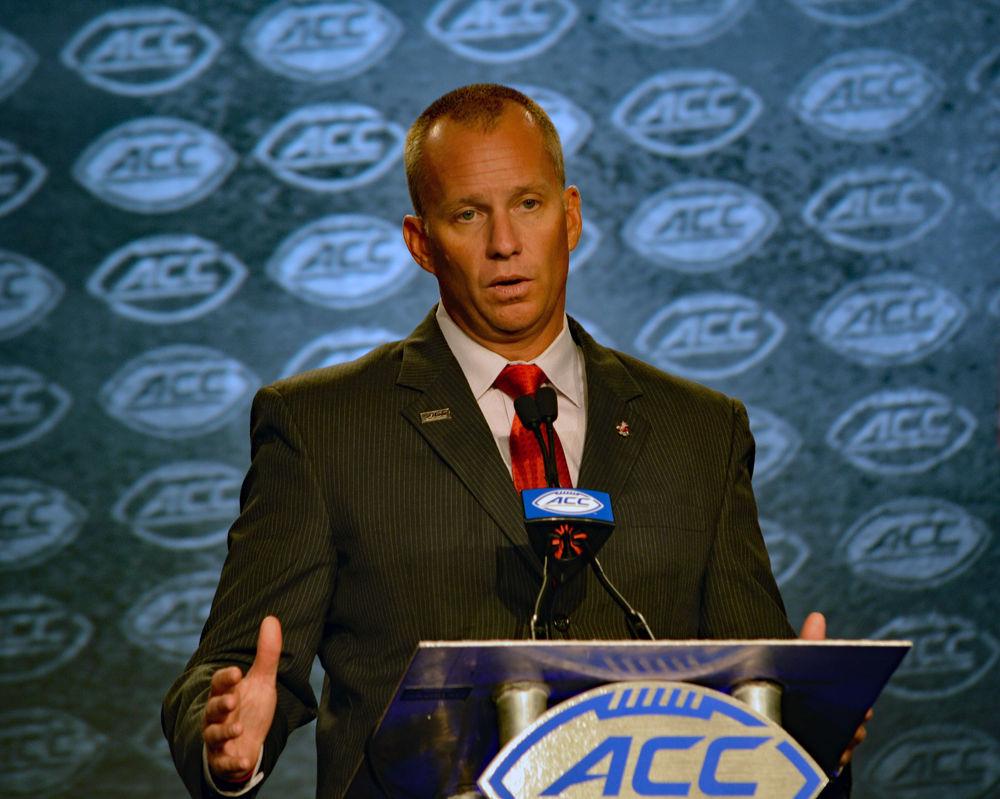 Head Coach Dave Doeren answers questions from the audience during the NC State press conference at the ACC Kickoff. The 2017 ACC Kickoff took place at the Westin Hotel in Charlotte. Teams in the Atlantic Division held press conferences on Thursday, July 13 while teams in the Coastal Division held press conferences on Friday, July 14.