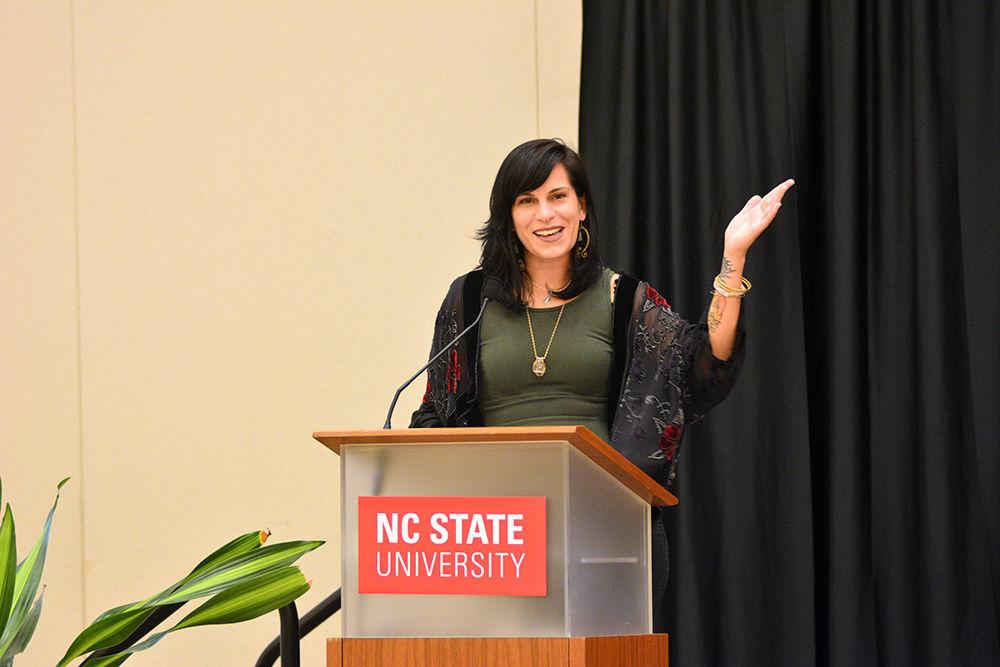 Marisol Jimenez, the Latinx Heritage Month keynote speaker, smiles as she tells a story from her childhood Wednesday. She spoke about her life experiences and related them to what it means to be a Latinx.