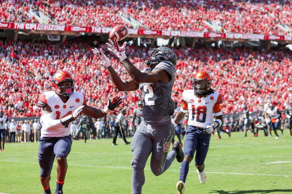Redshirt junior wide receiver Stephen Louis hauls in a 20-yard pass for the first touchdown of the game. Louis had four receptions for a team high 67 yards in the 33-25 win over Syracuse on Saturday, Sept. 30 in Carter-Finley Stadium.
