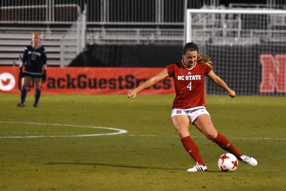 Junior defender Hannah Keogh clears the ball during the game against Boston College. The Wolfpack would win the game by a score of 1-0 on Thursday in Dail Soccer Stadium.