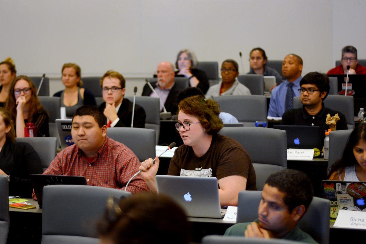 Rebecca Locklin, a fourth-year studying psychology and communication, lightens the mood of the student Senate with an off topic question. The senators discussed and voted on student fee increases for the upcoming academic school year on Wednesday, Sept. 27.