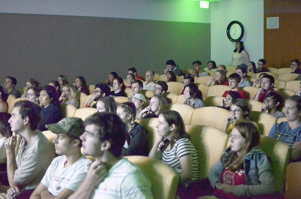 Captivated students watch "Pride &amp; Prejudice &amp; Zombies" at D. H. Hill Library Wednesday. This film was shown as part of the celebration of Jane Austen, as 2017 makes 200 years since the author passed away. The movie is based on a 2009 novel, which is based on Jane Austen's famous book, as well as the original work.&#160;