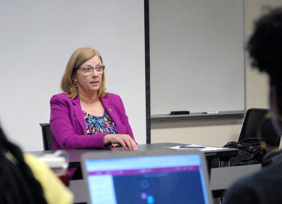 Raleigh Mayor Nancy McFarlane responds to questions asked in a forum hosted by the NC State Society of Afrikan American Culture on Monday. Mayor McFarlane spoke about progress made through her campaign in furthering development of education and services for less privileged members of society.&#160;