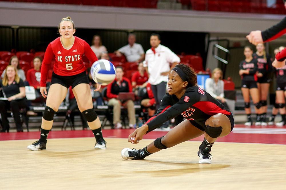 Junior outside hitter Perry Ramsey stoops down to return a serve. Ramsey had nine kills and 17 digs in the 3-1 loss to Florida State in Reynolds Coliseum on Oct. 9, 2016.