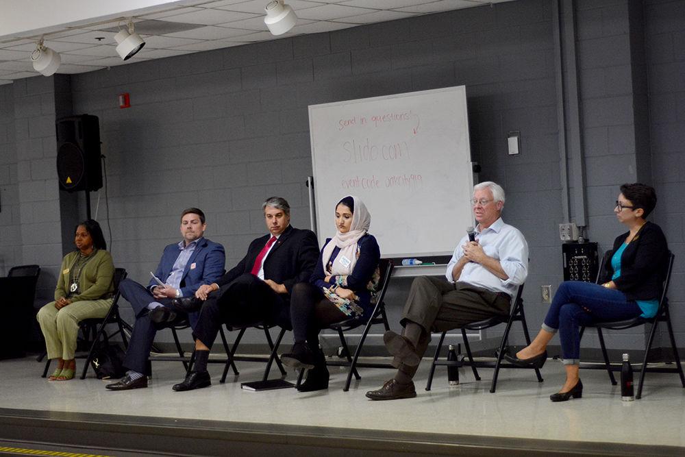 Candidates for Raleigh city counsel debate at Evening with the Electorate hosted by Student Government at Witherspoon on Tuesday. Topics discussed included infrastructure, city debt and the importance of voting.