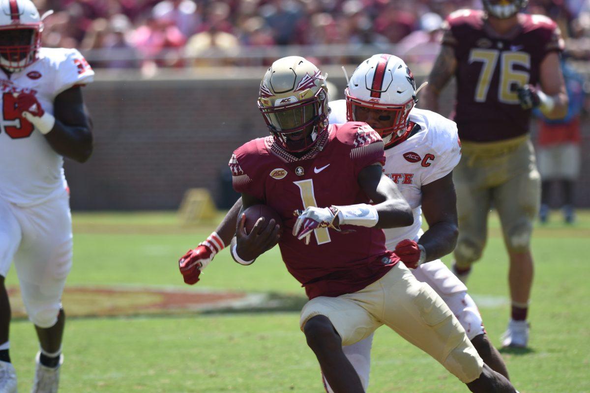 NC State football senior defensive end Bradley Chubb sacks Florida State quarterback James Blackman during the Wolfpack's 27-21 win over the Seminoles at Doak Campbell Stadium Saturday. Chubb finished the game with seven tackles, two sacks and a forced fumble.&#160;