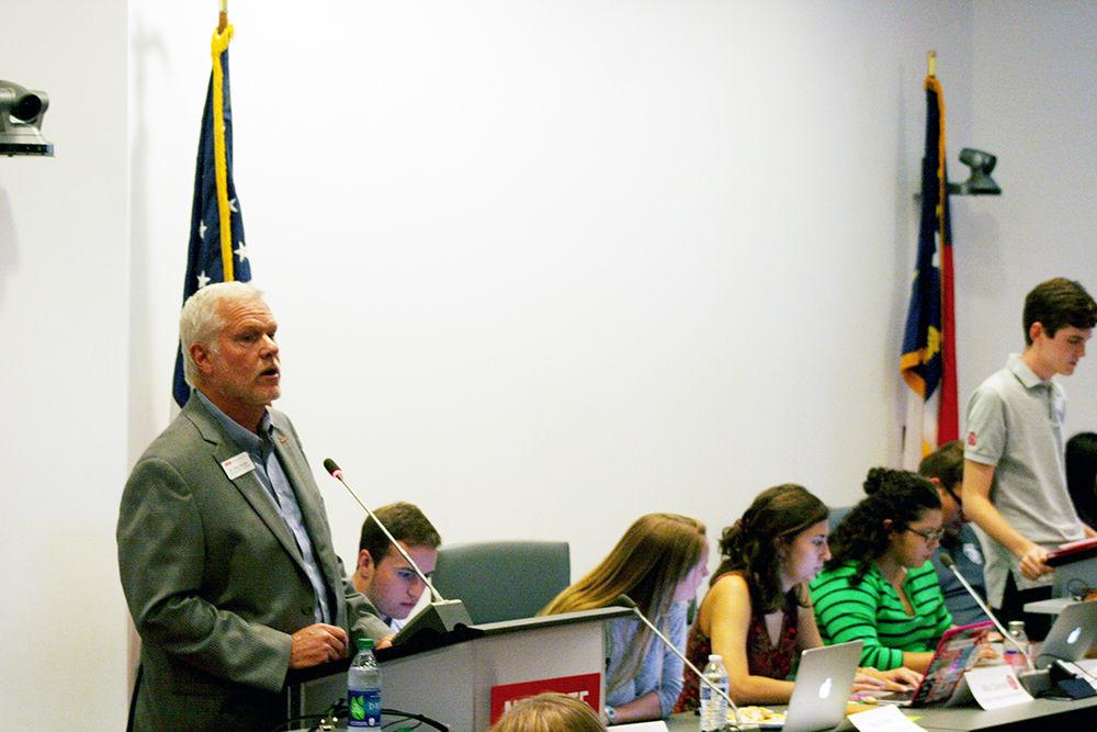 Mike Mullen, vice chancellor and dean of the Division of Academic and Student Affairs at NC State, spoke to the Student Senate on the university fee review process before the discussion of legislation. The meeting was held in the Senate Chambers on Wednesday, Sept. 13.