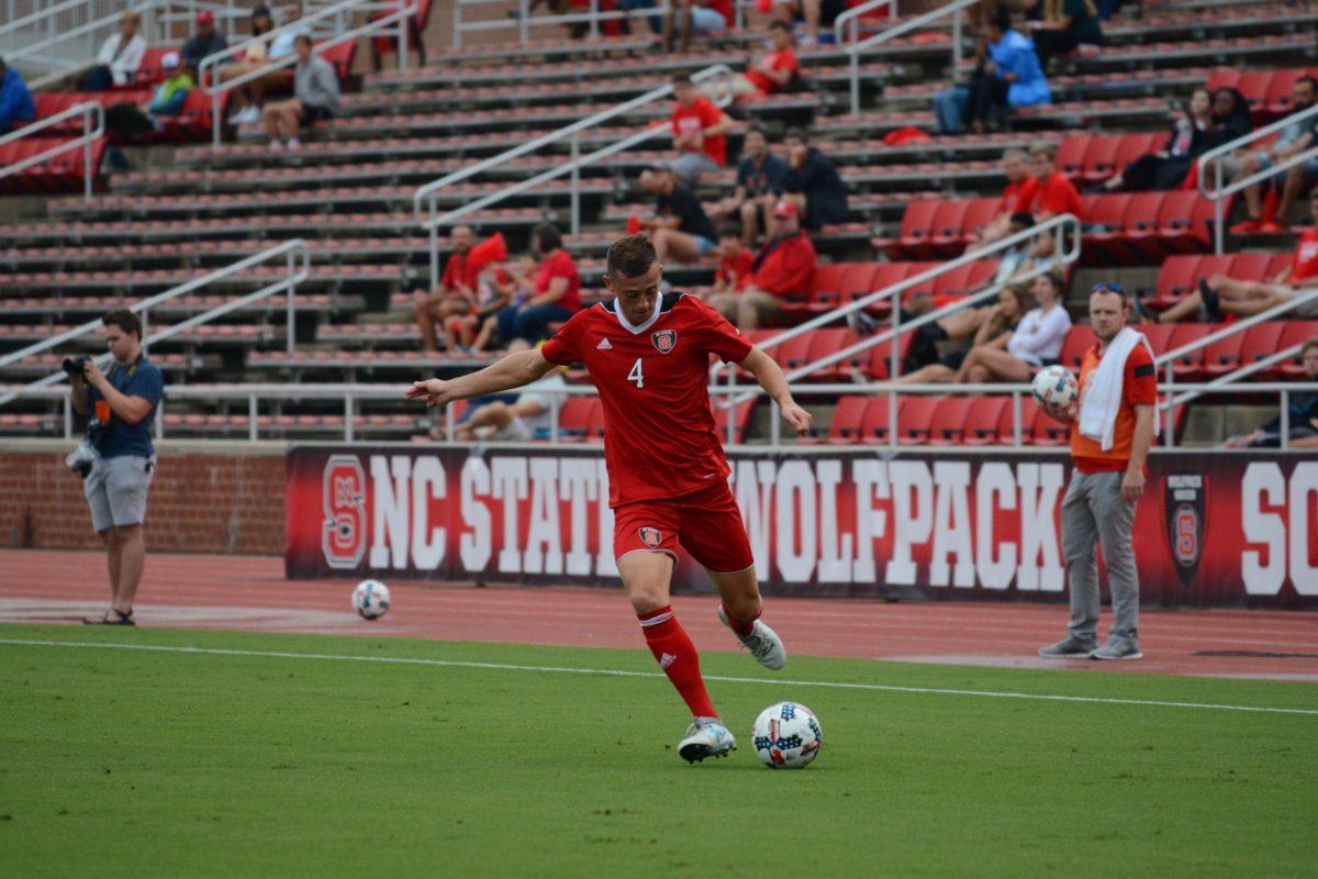 Freshman defender David Norris focuses on transitioning the ball back to offense. At the time this photo was taken the NC State men's soccer team was winning 1-0 against LIU Brooklyn at Dail Soccer Stadium on Friday, Sep. 1 until the game was suspended due to inclement weather.
