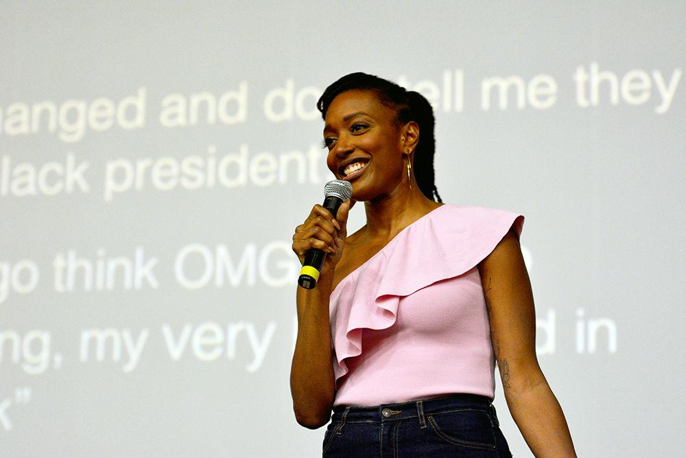 Diversity Dialogue speaker Franchesca Ramsey talks about the importance of social change regarding race, gender and sexuality in Witherspoon Cinema on Monday. Ramsey has used her voice combined with comedy to create a platform on social media which she uses to advocate for social justice.