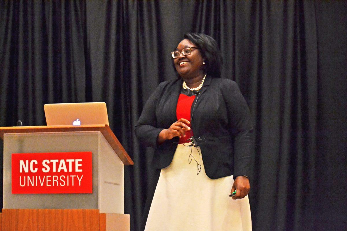 Lorraine D. Acker, director of the Margaret Sloss Women's Center at Iowa State University and keynote speaker for NC State Domestic Violence Awareness Month, talks about black women and relationship violence on Wednesday in Talley Student Union. She began her research about how black women deal with relationship violence after realizing how little research there was on the subject.