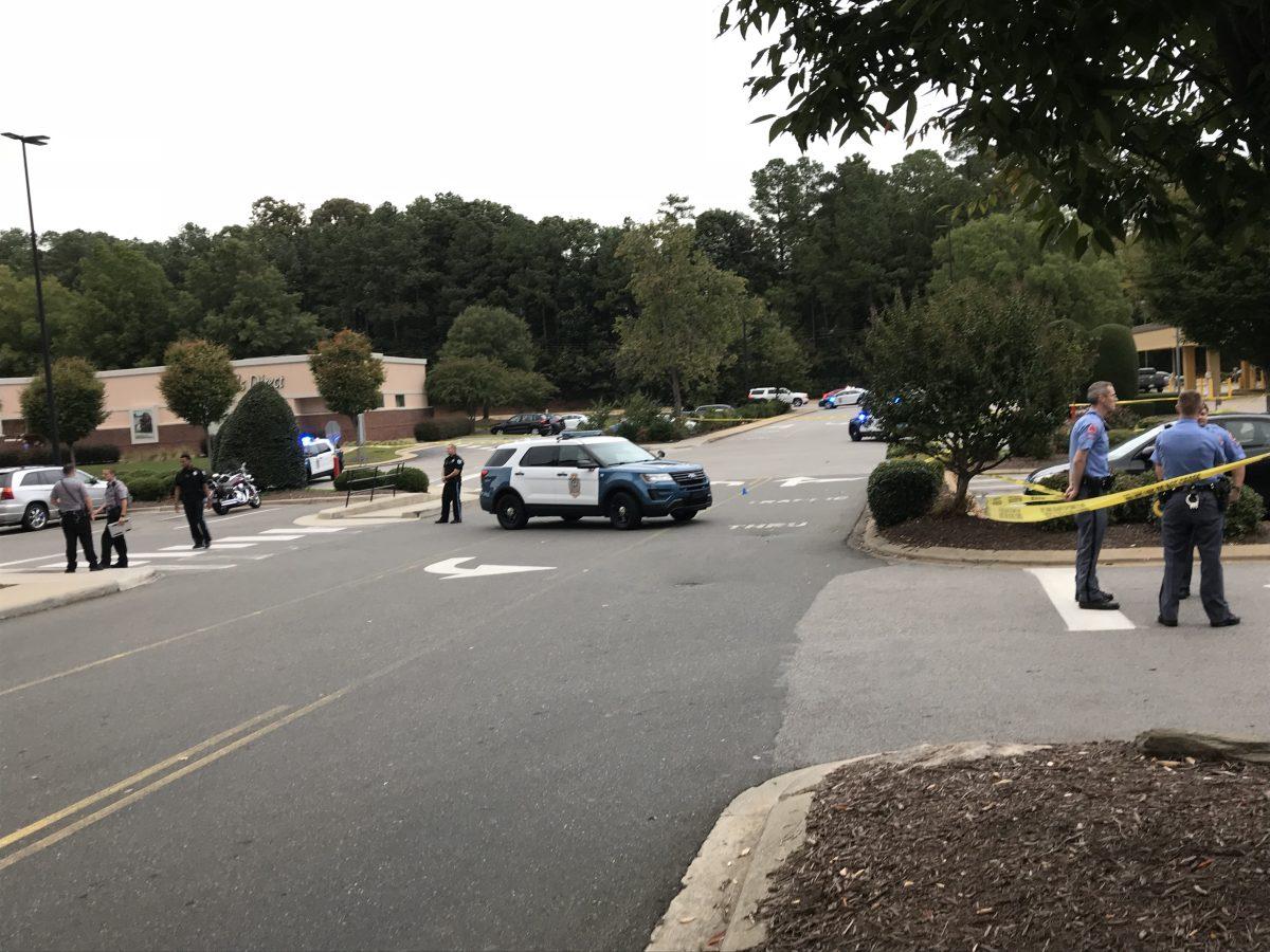 Road leading into the parking lot where the shooting occurred Monday afternoon.