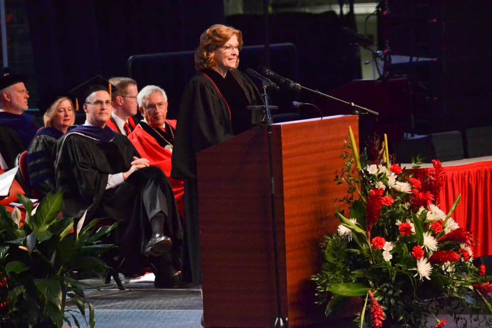 Nancy McFarlane, the mayor of Raleigh, talks to the graduating seniors about how life is full of the unexpected, and the importance of finding someone who sees in you what you don't on Saturday, May 13 in PNC Arena. McFarlane said that she only ran for city council, and then position of mayor, at the urging of a friend, and had never seen herself as someone suited for those role before she took the positions.