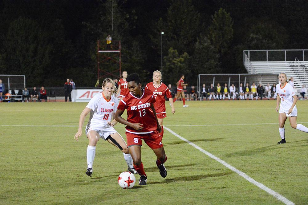 Junior defender Ella Bonner dribbles up-field during the game against Clemson. The Wolfpack would go on to win the game 1-0 in Dail Soccer Stadium on Thursday.