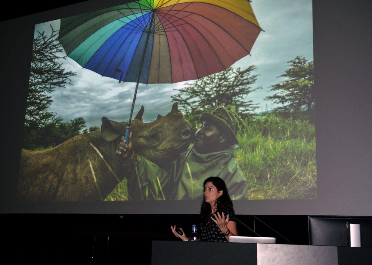 Ami Vitale, a photojournalist with National Geographic Magazine, talks about her experience with rhinos in Kenya during a University Scholars Program event in Witherspoon Student Center on Oct. 16. "It's not about the camera,&#8221; Vitale said about photojournalism, &#8220;It's about who you are and your relationships.&#8221;
