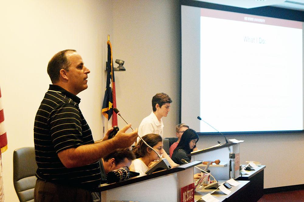 Mike Giancola, a representative of the Student Ombuds Services (SOS), talks about his role as a SOS counselor during the Student Senate meeting at the Senate chambers. Giancola advocated for the program that allowed for confidentiality on campus on Wednesday.