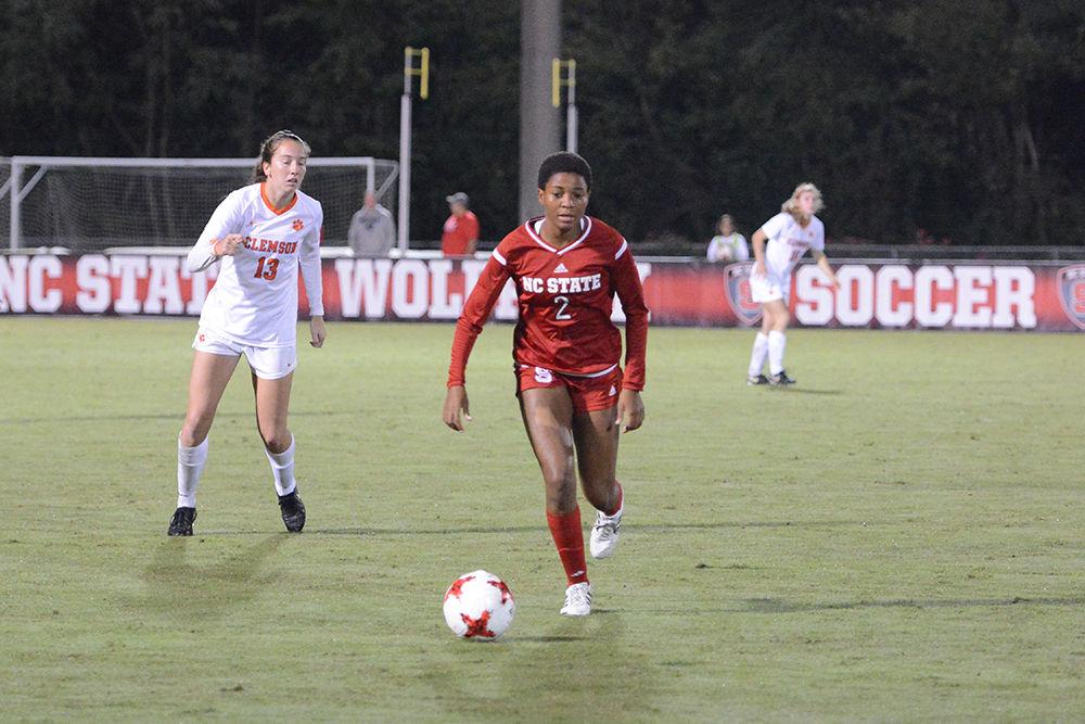 Sophomore midfielder Tziarra King dribbles the ball to open space against the Clemson Tigers. The Wolfpack would go on to win the game 1-0 in Dail Soccer Stadium on Thursday.