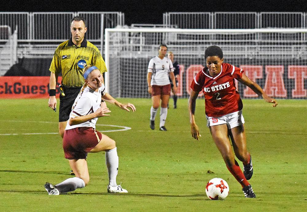 Sophomore midfielder Tziarra King loses her defender during the game against Boston College. King would go on to score the winning goal in the game in the 90th minute in Dail Soccer Field. The Wolfpack won 1-0 on Sept. 21.