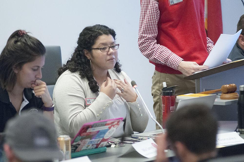 Student Body President Jackie Gonzalez begins the meeting with a review and update of current happenings in Student Government in Talley Student Union on Wednesday. The NC State Student Senate holds weekly meetings in its chambers on the third floor of Talley Student Union.